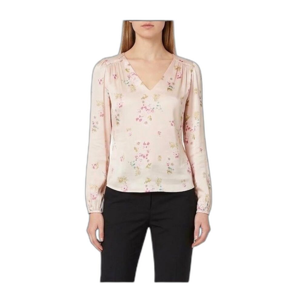 FRNCH Italy Women's Peachy Pink Floral Silky V-Neck Long Sleeve Blouse Size S